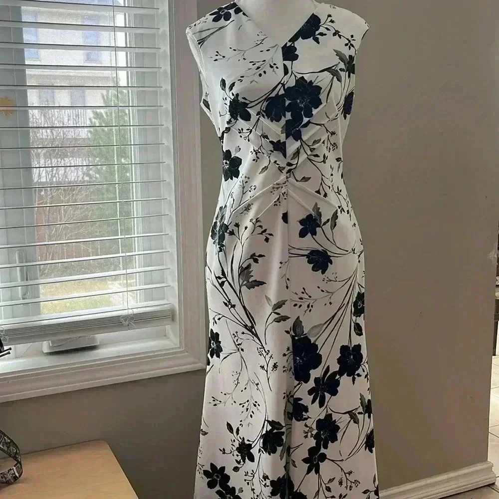 [4]Calvin Klein Black Floral White  Sleeveless Maxi/Midi Dress bodycon